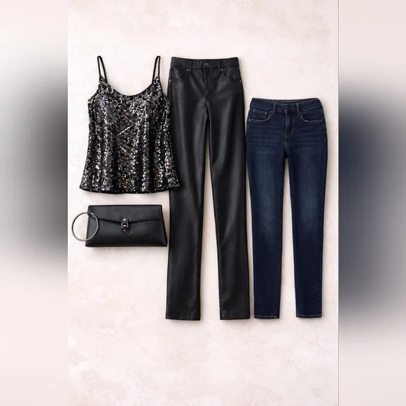 ✨ S Y2K Night Out Capsule | Sequin Top + Leather Pants + Clutch | 4 Pc Set - Picture 1 of 1